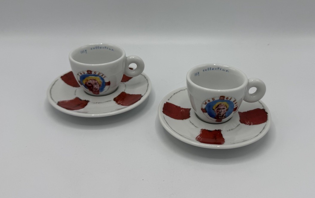 2 Illy Thursday Chuck Espresso Cups Demitasse Saucers 2005 ~ READ