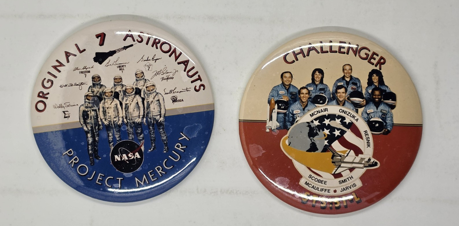 NASA Astronaut Pinbacks Lot of 2 Project Mercury & Challenger STS‑51L NASA Astronaut Pinbacks Lot of 2 Project Mercury & Challenger STS‑51L