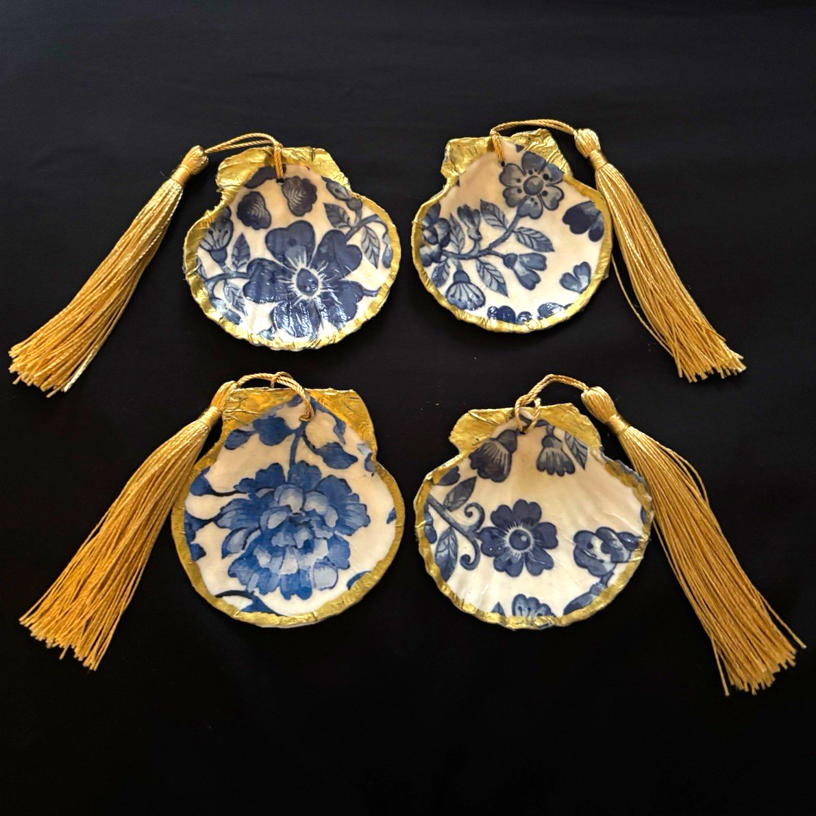 Set of 4 Blue & White Chinoiserie Floral Scallop Shell Ornaments w/ Gold Tassels