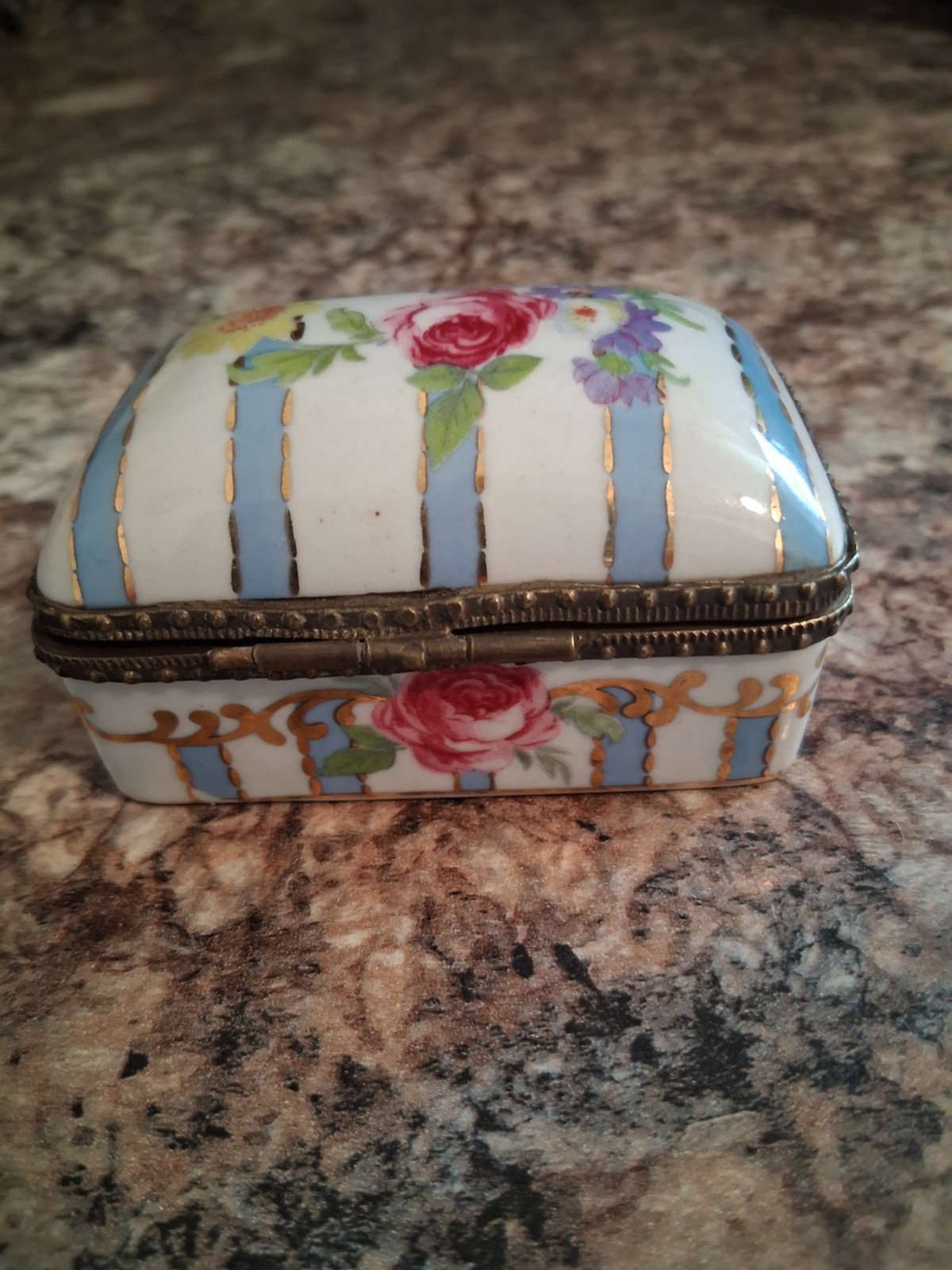 Vtg Hand Painted Floral Striped Porcelain Trinket Box 
