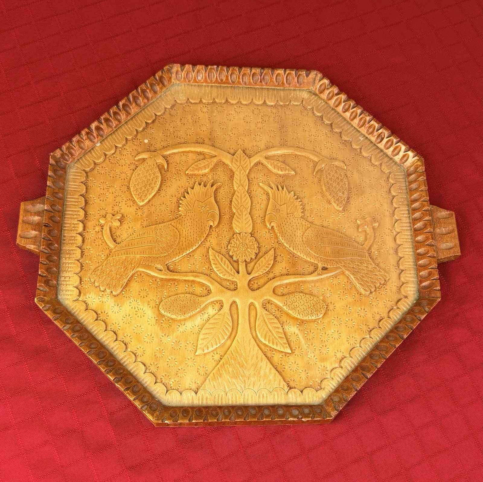 Vtg Bulgarian Hand Carved Wood Glass Serving Tray Octagon Parrots Folk Art  12”