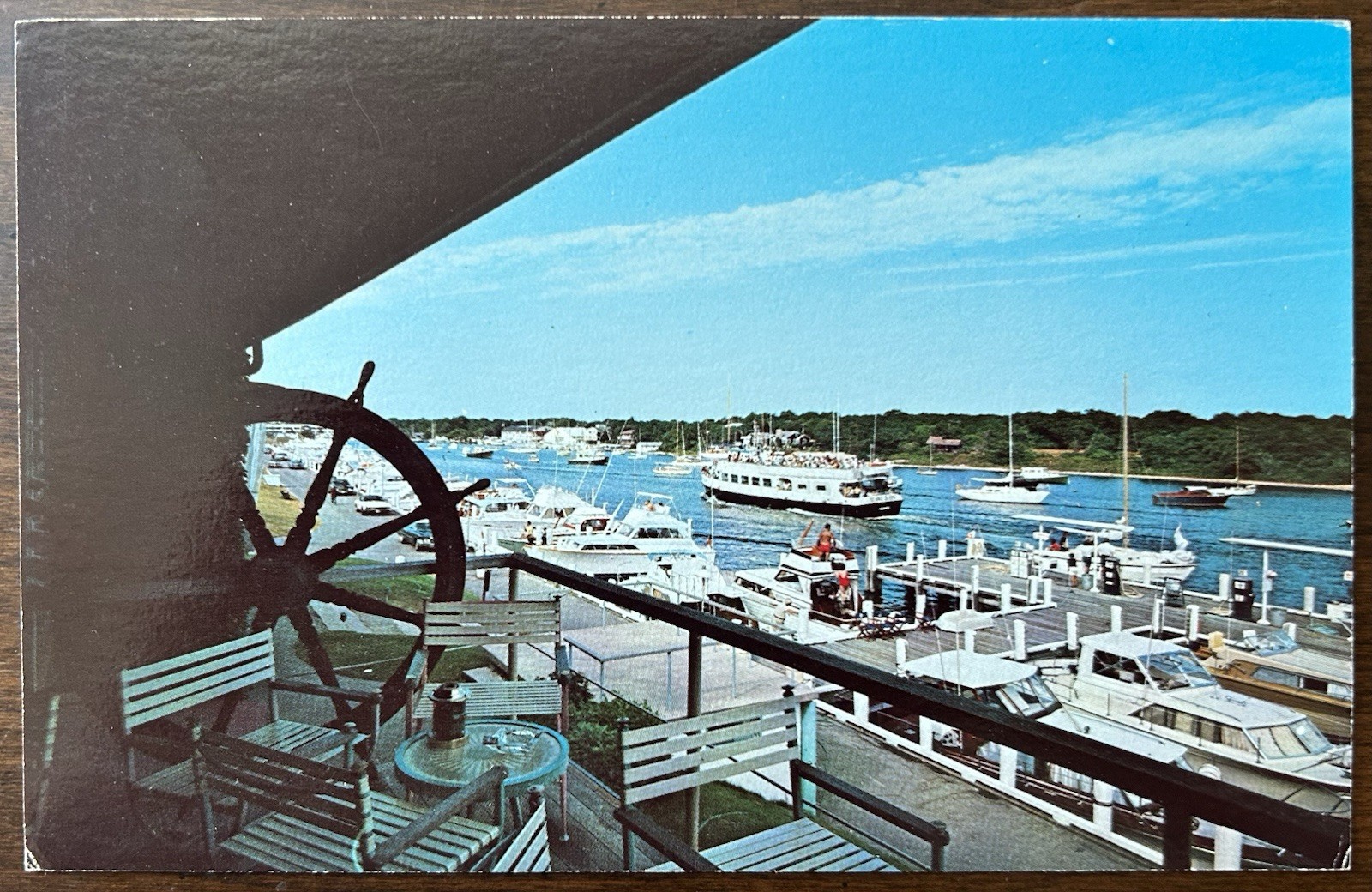 FALMOUTH MA MASS~View of Harbor Boat Yard & Crowded Ferry~1970\'s Postcard