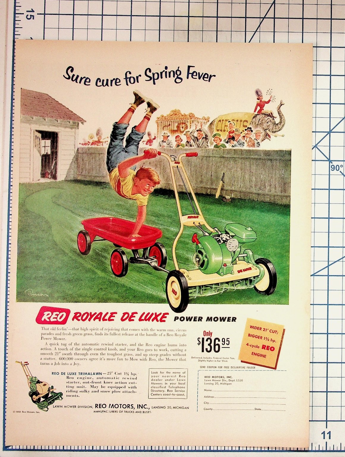 1952 REO Royale De Luxe Power Mower Vintage Ad Spring Fever Circus Art 1952 REO Royale De Luxe Power Mower Vintage Ad Spring Fever Circus Art