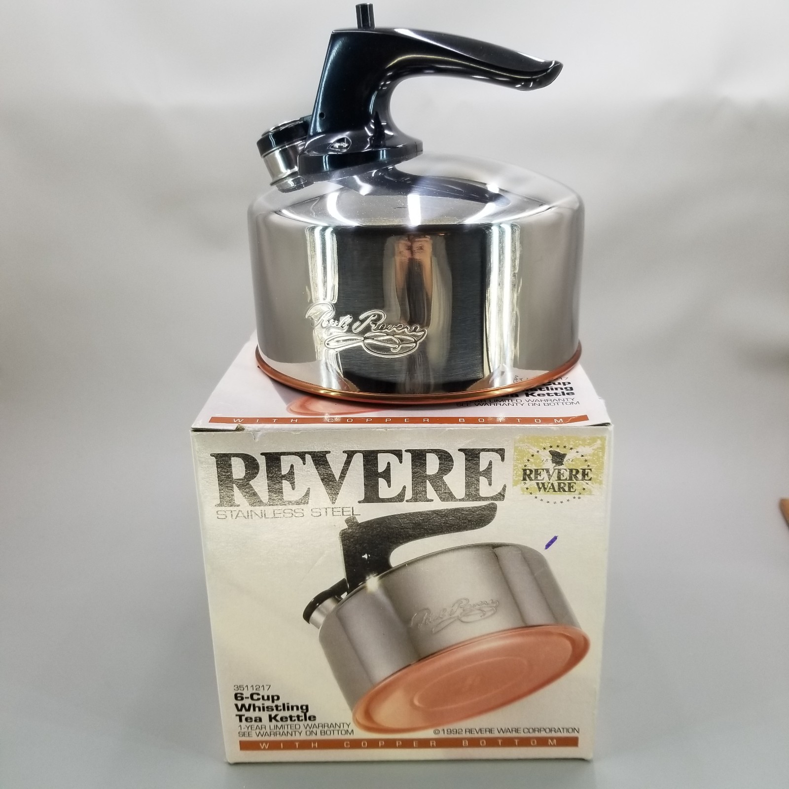 NEW Vintage 1992 Revere Ware Copper Bottom Whistling Tea Kettle 6 Cup  in Box