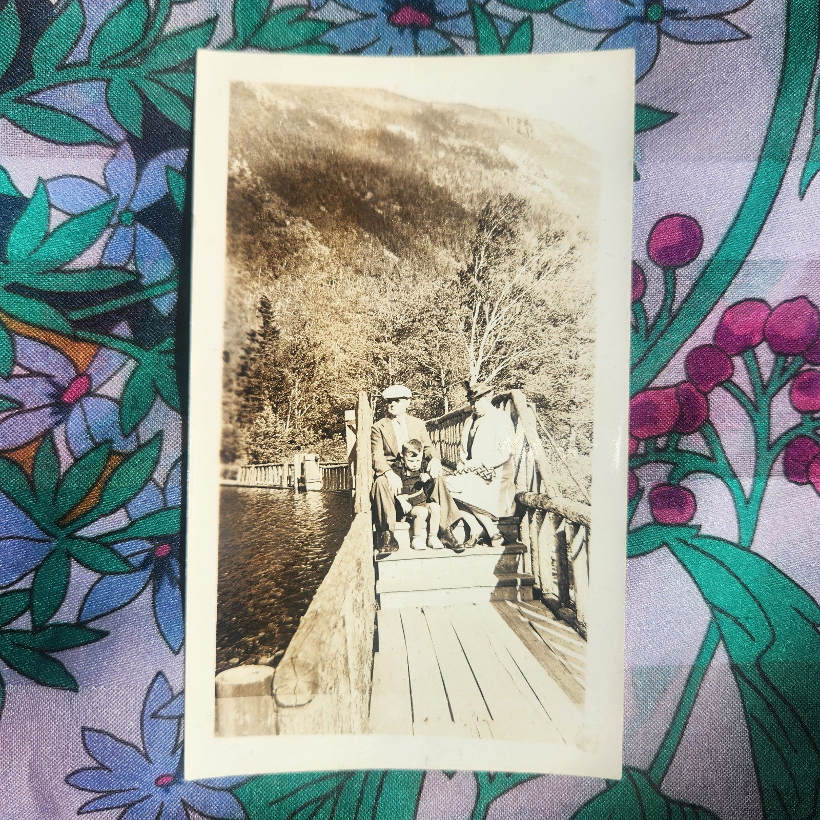 VTG B&W Snapshot Photo 1930s Man & Boy Portrait Bridge Lake Mountains Camping