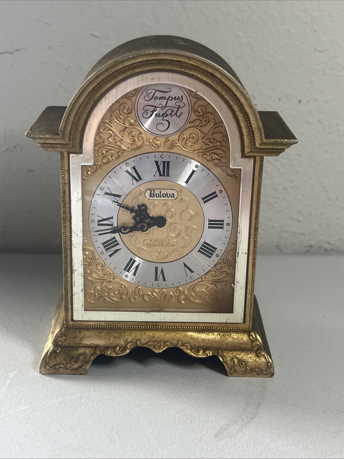 Bulova Tempus Fugit Brass Carriage Desk Clock 4 Jewel Transistor Movement Japan