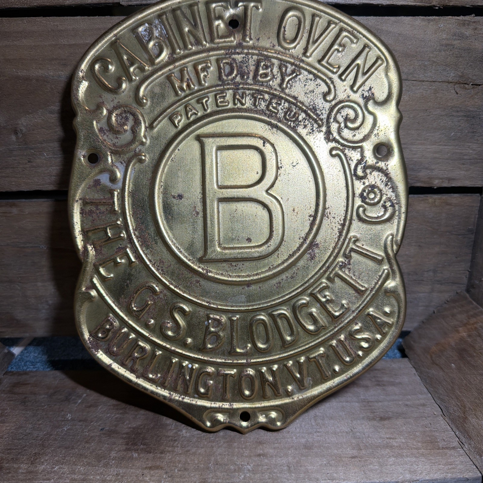 Antique Brass G.S. Blodgett Cabinet Oven Badge Sign Nameplate Burlington VT