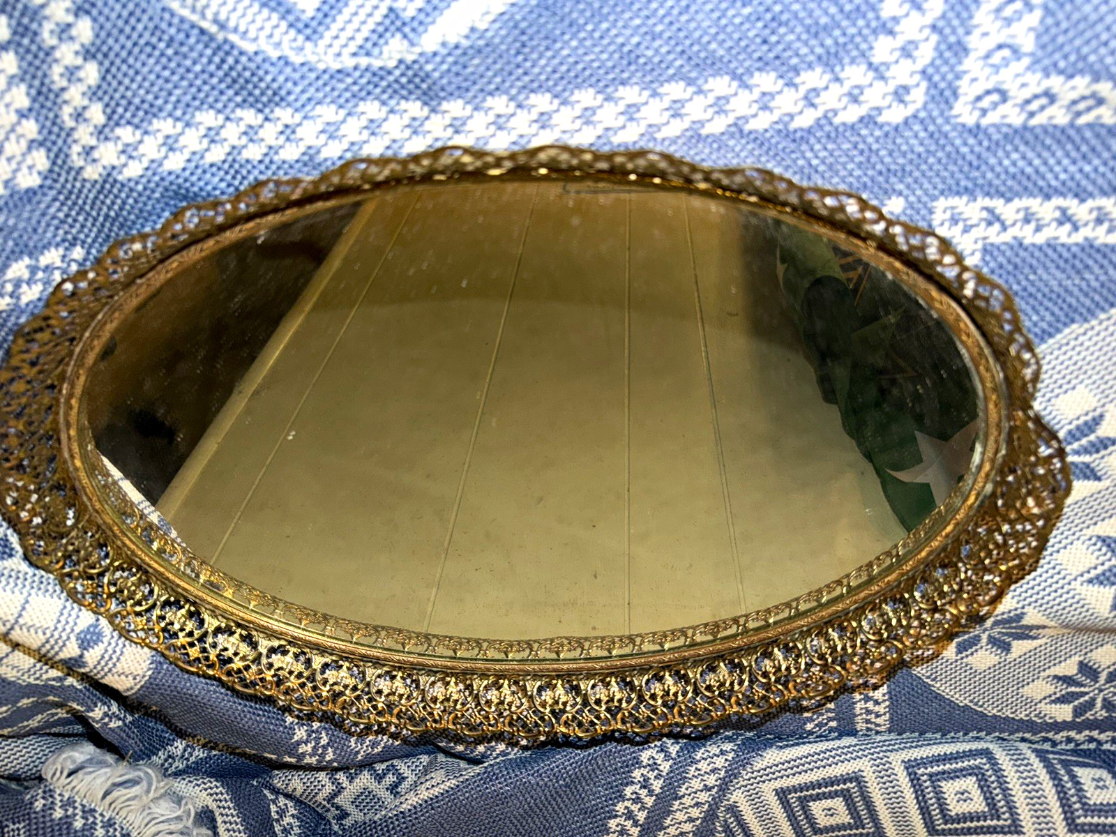 Vintage Oval Mirrored Vanity Tray with an Ornate Gold-Tone Metal Filigree Frame
