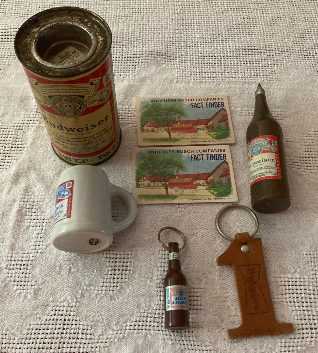 Vintage Budweiser Beer Promotional Items - Pen Keychain Tab Top Can Mug Lot of 6