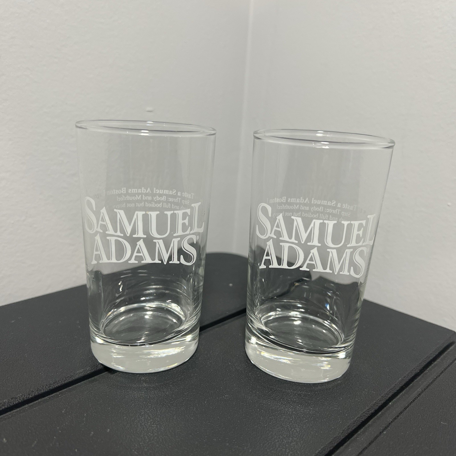 Vintage Set of 2 Samuel Sam Adams Beer Tasting Clear Glass Tall Step Three 3