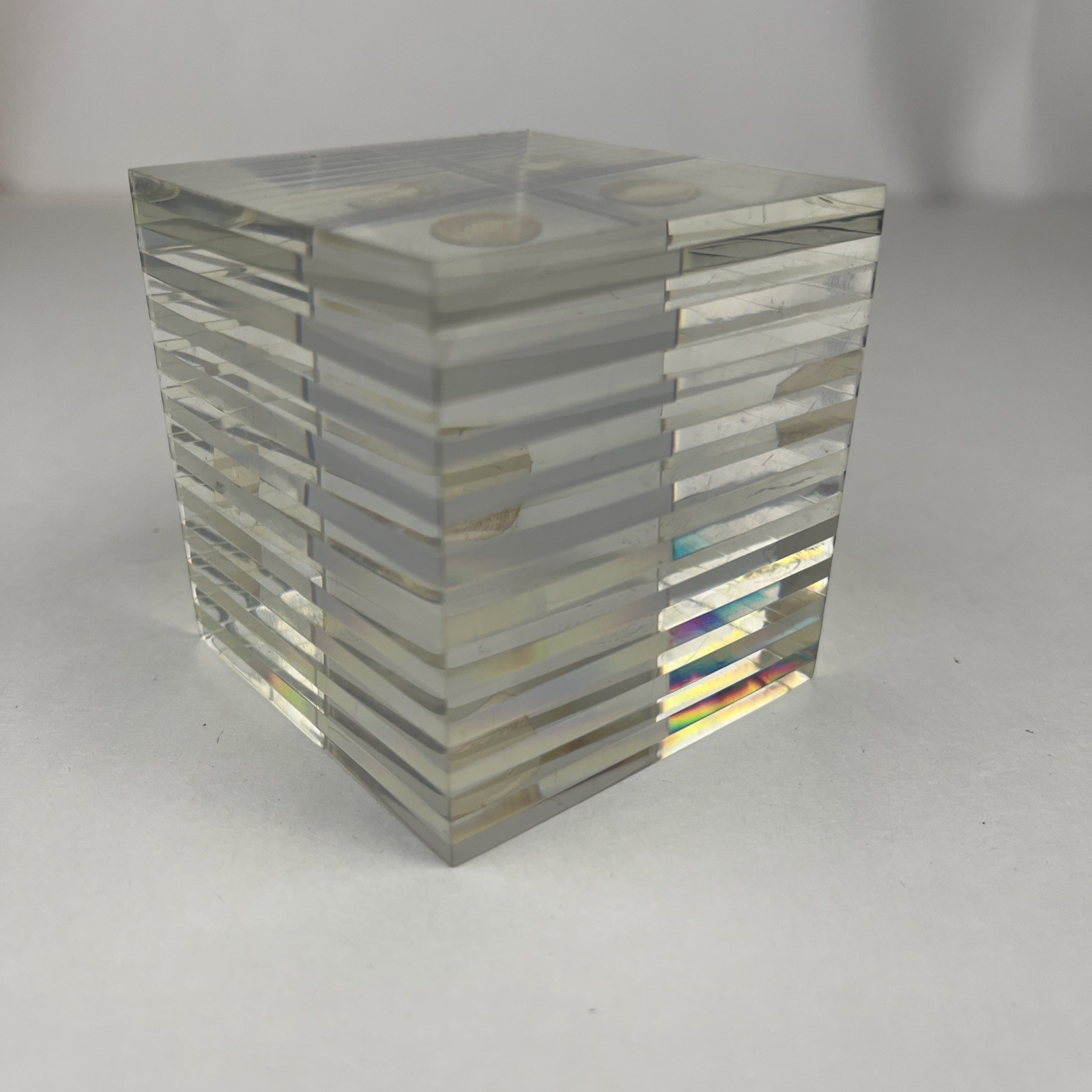 Vintage Lucite Striped Layered Cube Paperweight MCM Original Sticker