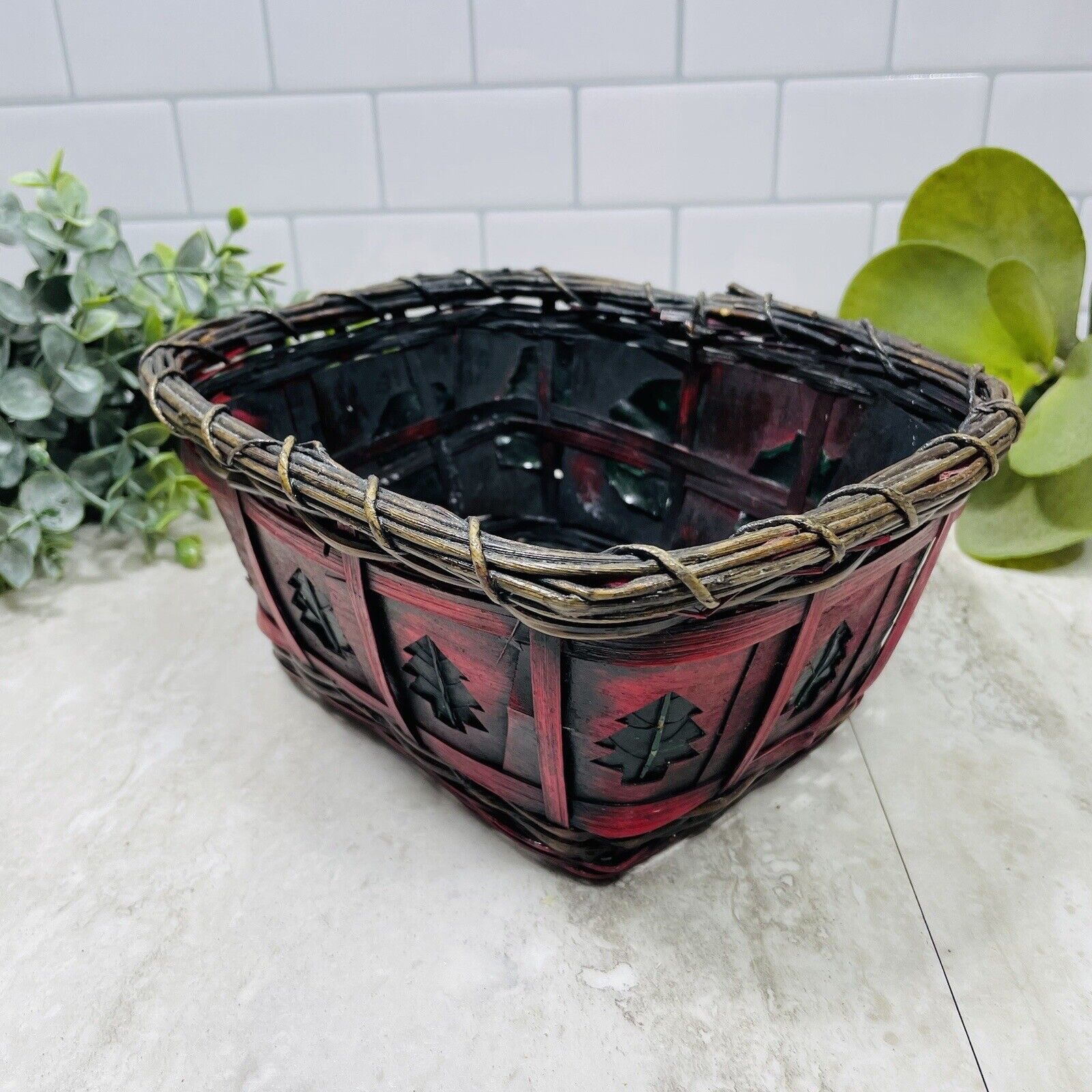 Vintage Red Woven Basket Wooden Slat Twig Christmas Tree Dark Brown 8x6.5”
