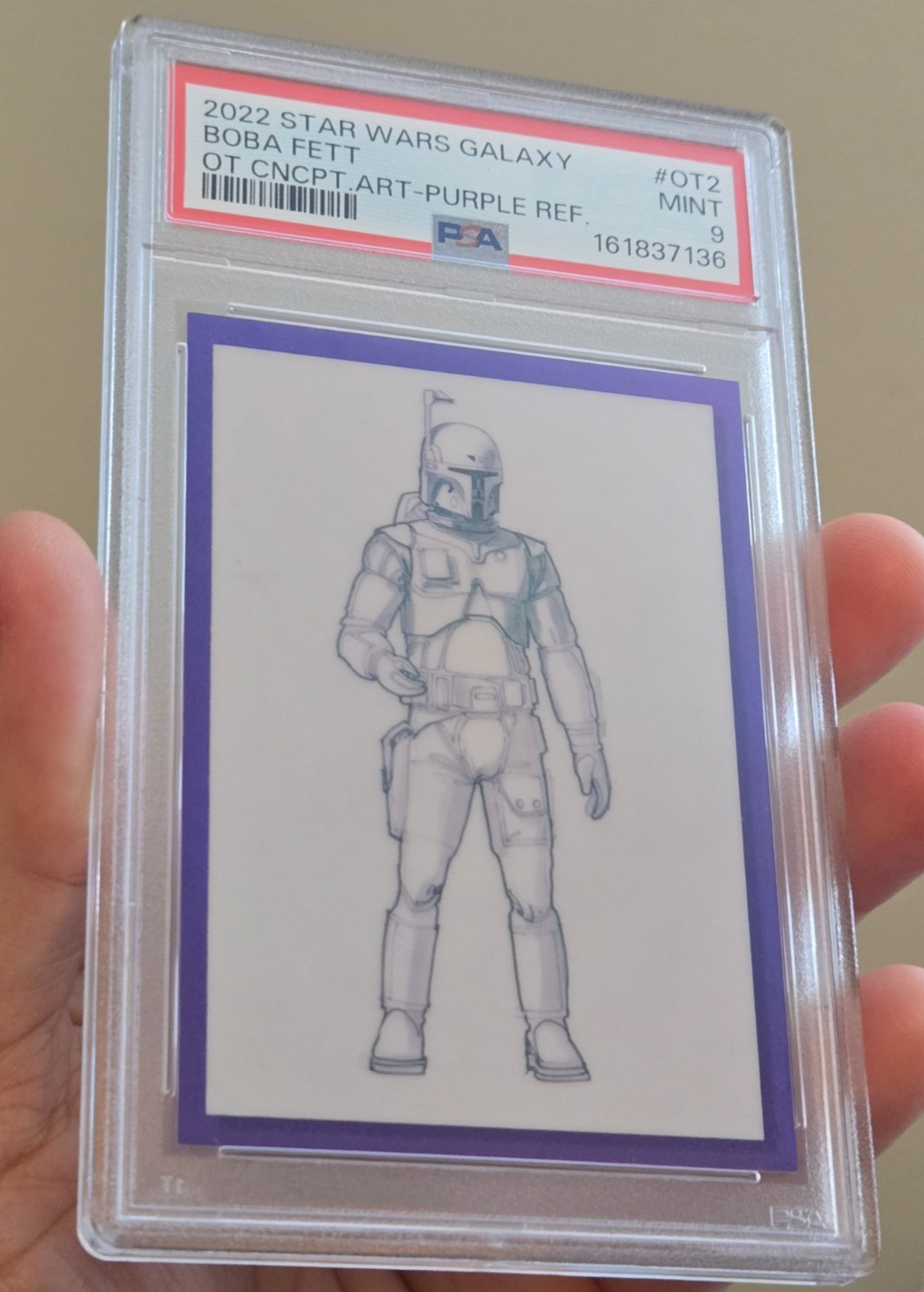 2022 STAR WARS GALAXY BOBA FETT OT-2 CONCEPT ART PURPLE REFRACTOR /50 PSA 9 MINT
