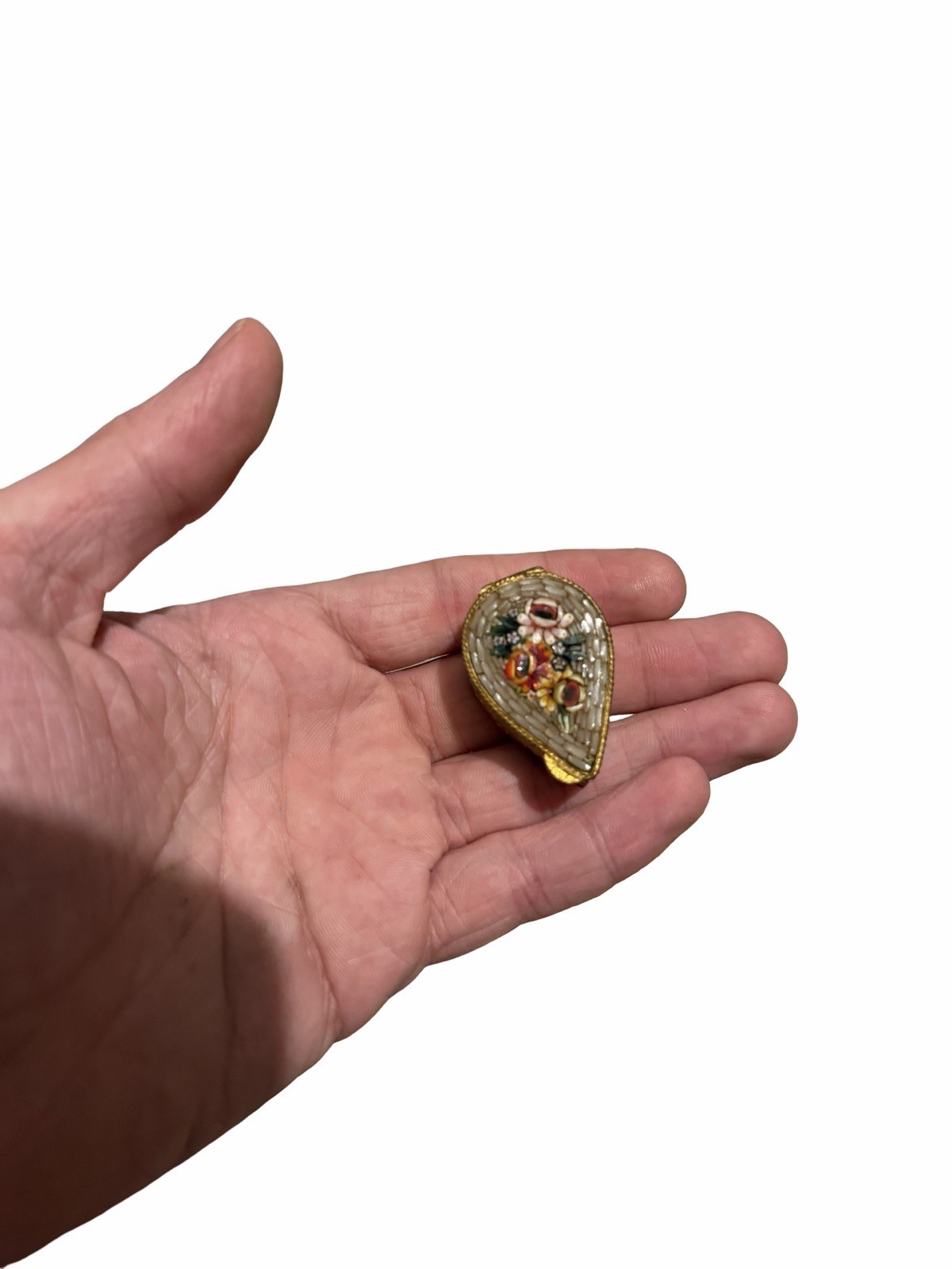Vintage Italian Micro Mosaic Pill Box Miniature Oval Brass Floral Souvenir Italy Vintage Italian Micro Mosaic Pill Box Miniature Oval Brass Floral Souvenir Italy