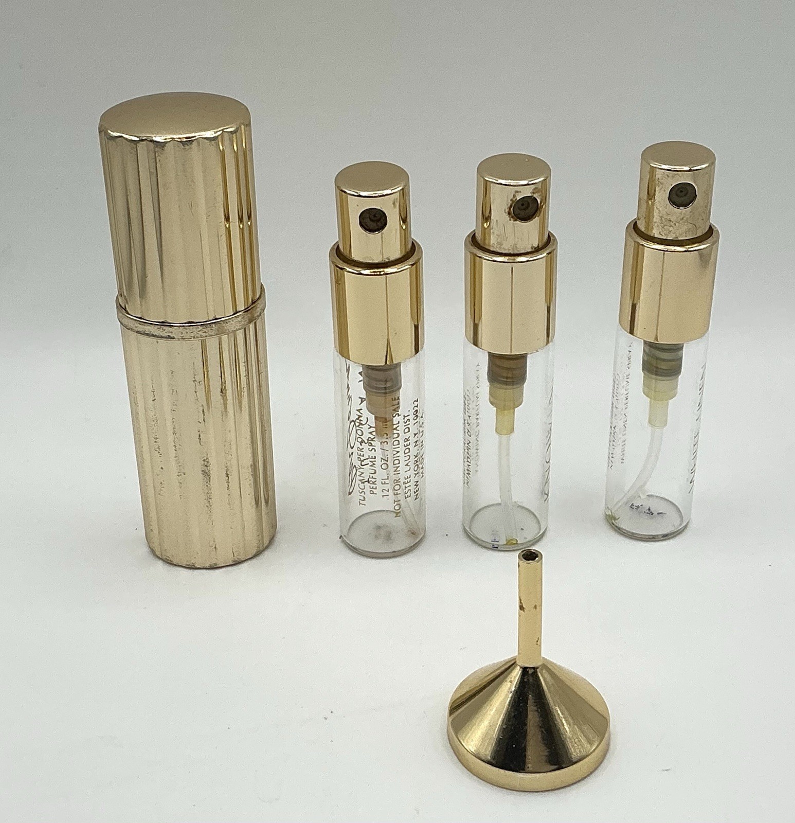 Vintage Empty Estee Lauder Perfume Set Gold Case, 4 Spray Vials & Funnel 0.12 Oz