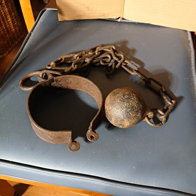 Antique Cast Iron Ball and Chain Shackle Handcuff Collectible