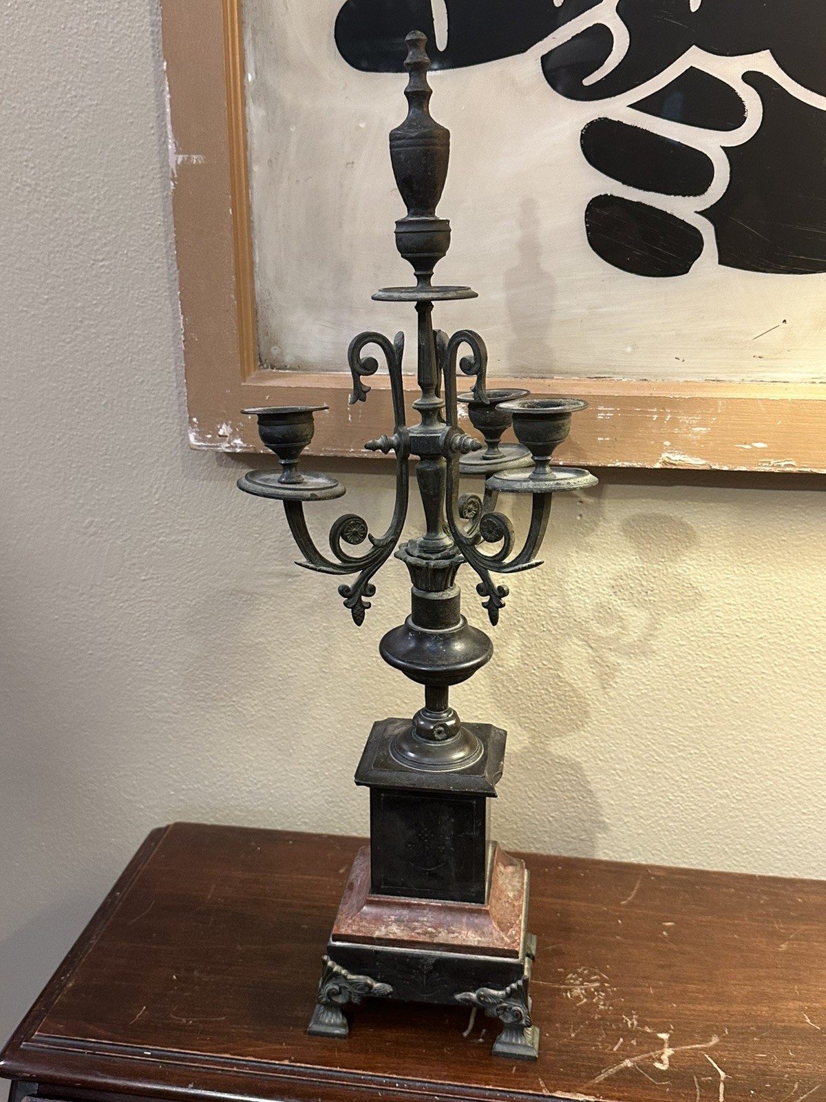 Antique 19thC French Neoclassical 3-Arm Bronze Candelabra, Red Rouge Marble Base