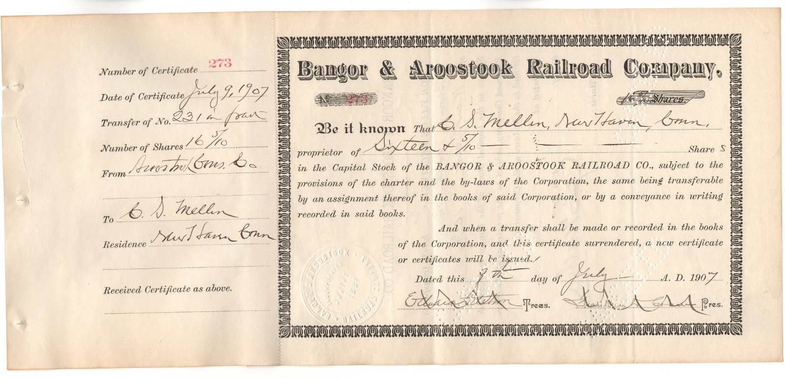 RARE BANGOR and AROOSTOOK RAILROAD STOCK CHARLES SANGER MELLEN SIGNED 1907