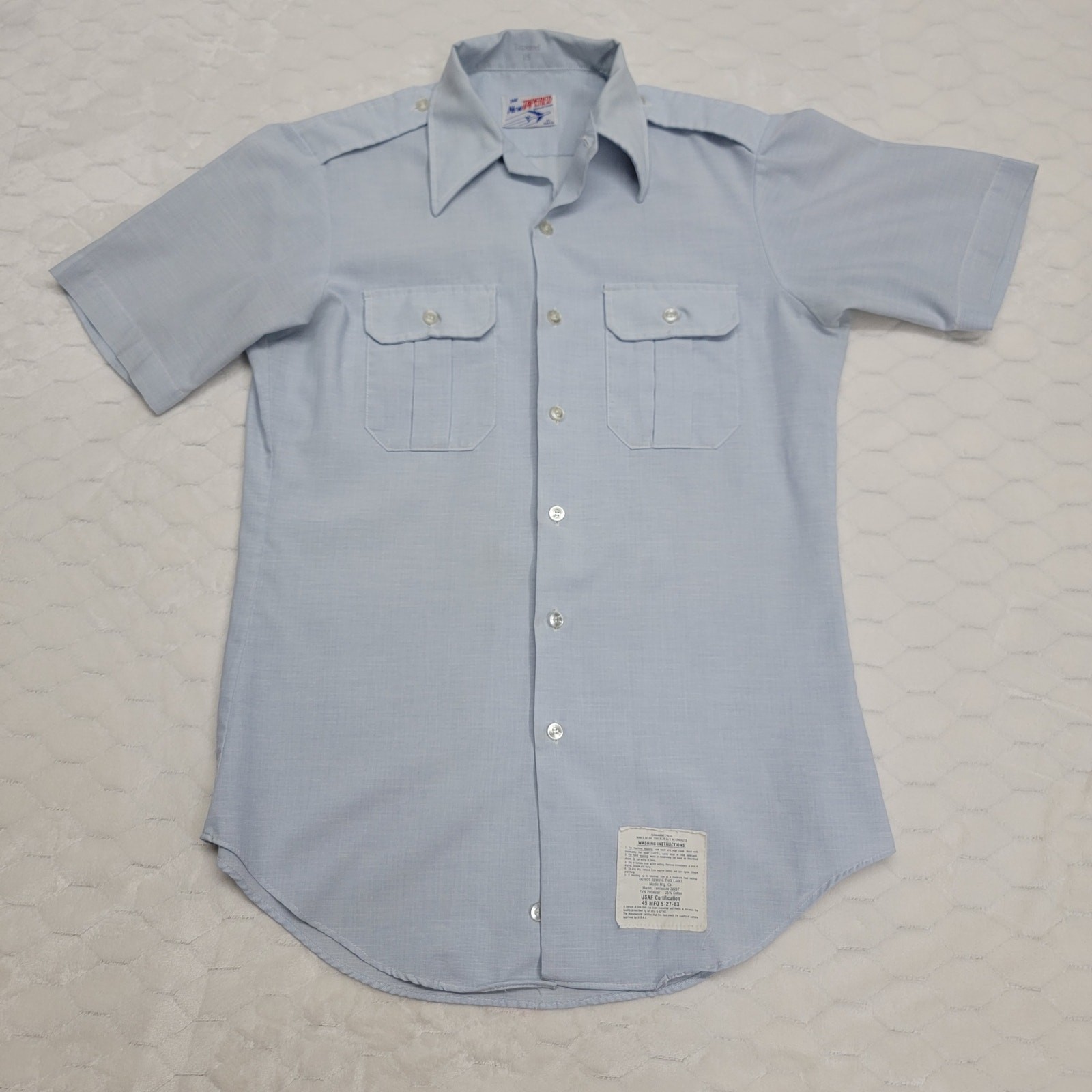 Vintage 1983 USAF Blue Dress Shirt Short Sleeve Epaulets Martin Mfg15 Tapered