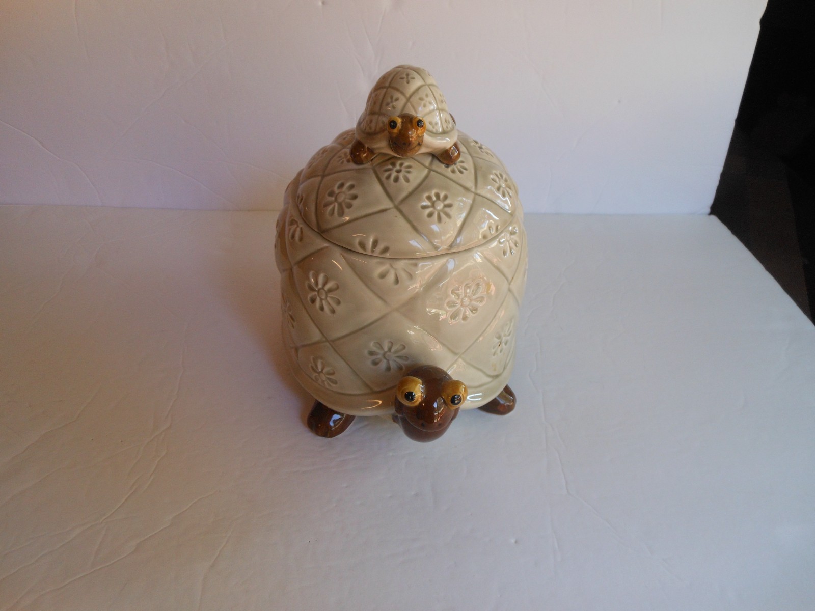 Vtg O.M.C. Japan Turtle Cookie Jar Tortoise & Baby Ceramic Rare Cream w/ Lid