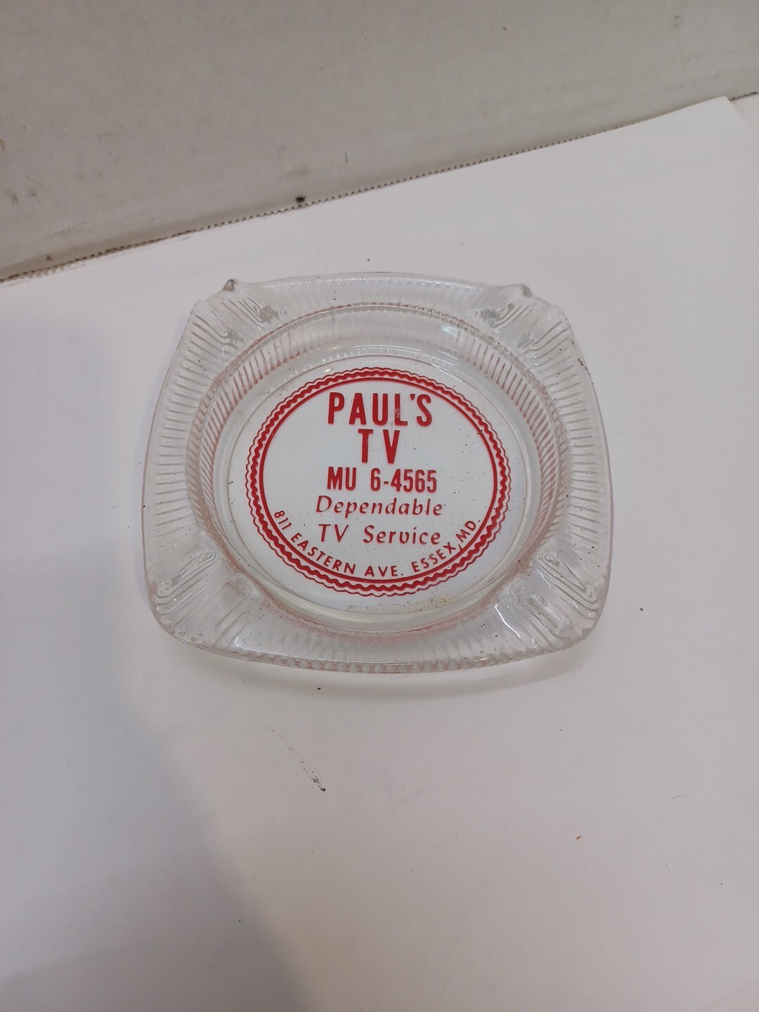 Vintage Glass Ashtray Advertising Paul\'s TV Essex MD. 1960s H2 Vintage Glass Ashtray Advertising Paul\'s TV Essex MD. 1960s H2