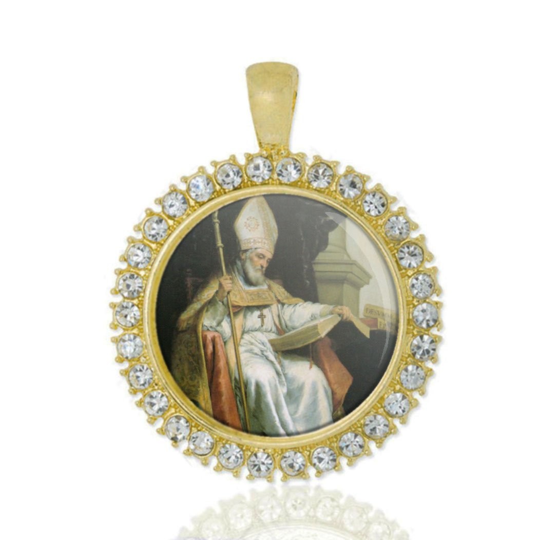 St Isidore Of Seville Christian Round Medal Gold Tone Pendant with Rhinestones