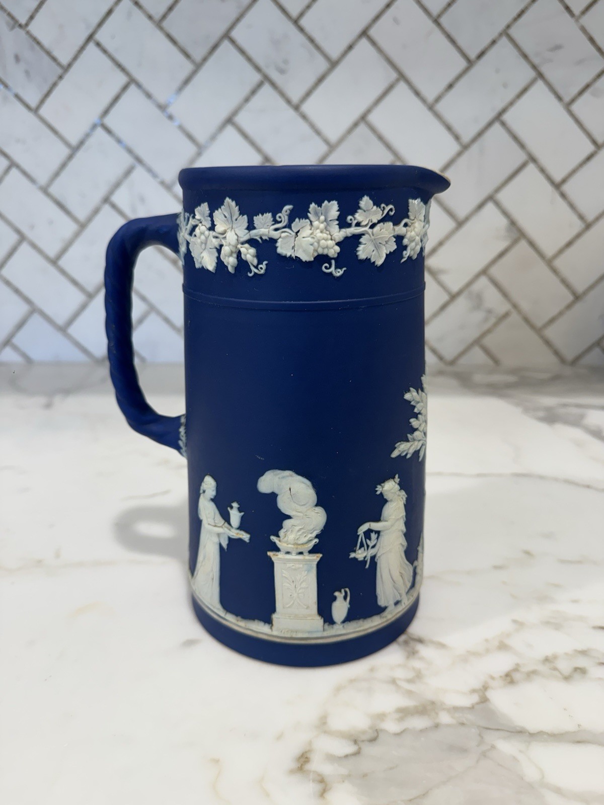 Antique Wedgwood Dark Cobalt Blue Jasperware Pitcher Jug Rope Handle c. 1891