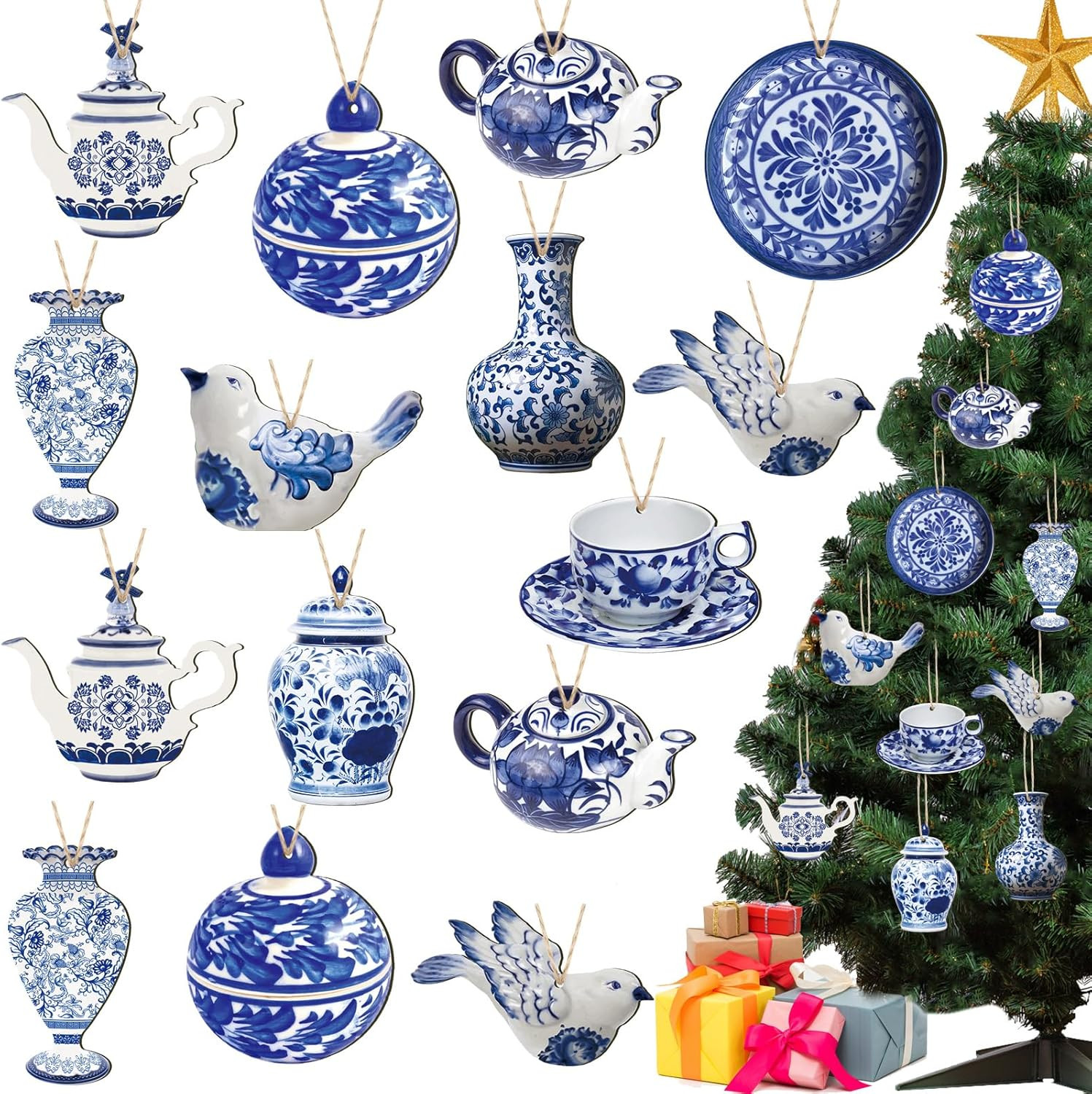40 Pieces Christmas Chinoiserie Ornaments Blue and White Christmas Wooden Orname 40 Pieces Christmas Chinoiserie Ornaments Blue and White Christmas Wooden Orname