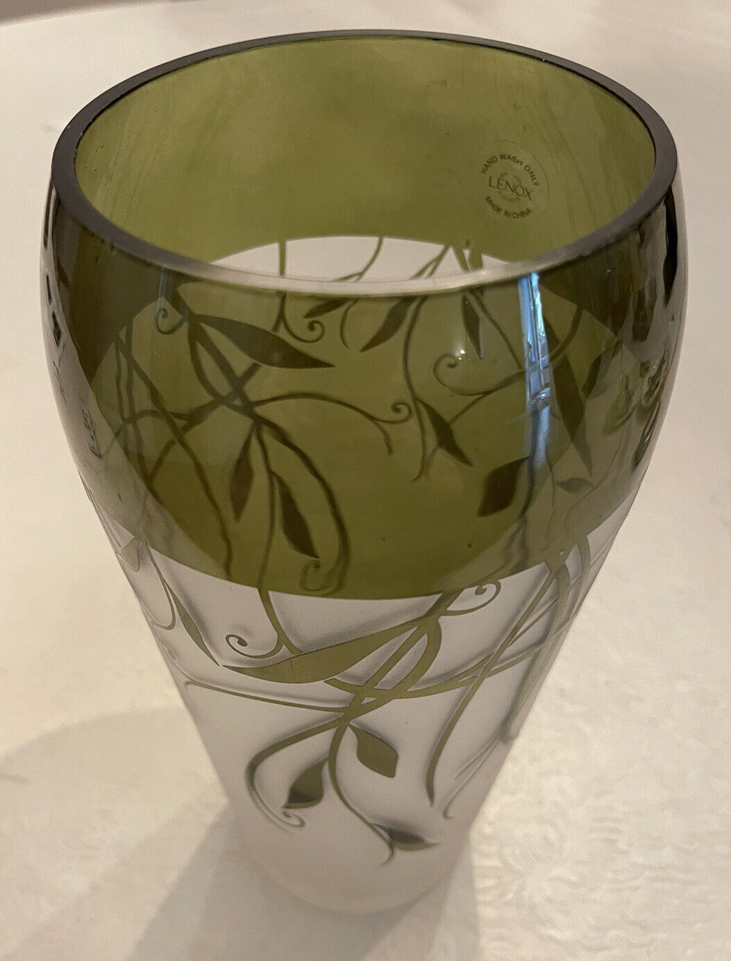 Lenox Botanical Design Vase Frosted Glass Etched Green Stems & Leaves 9”