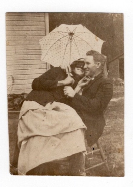 Affectionate Couple Parasol Chair Snapshot 1910s Edwardian Antique Photo
