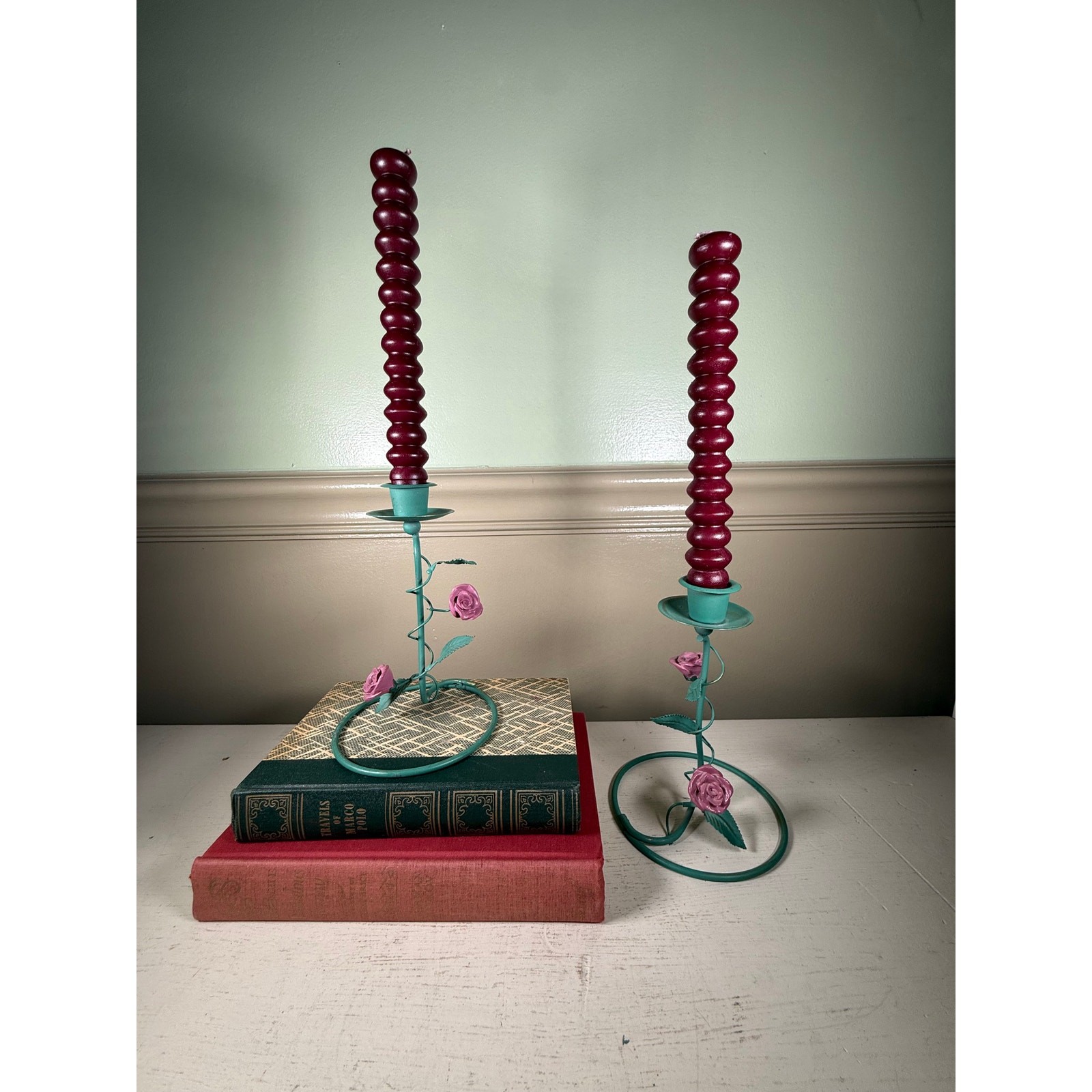 Vintage Pink Rose Metal Candlestick Holders Pair Turquoise Taper Candle Holders