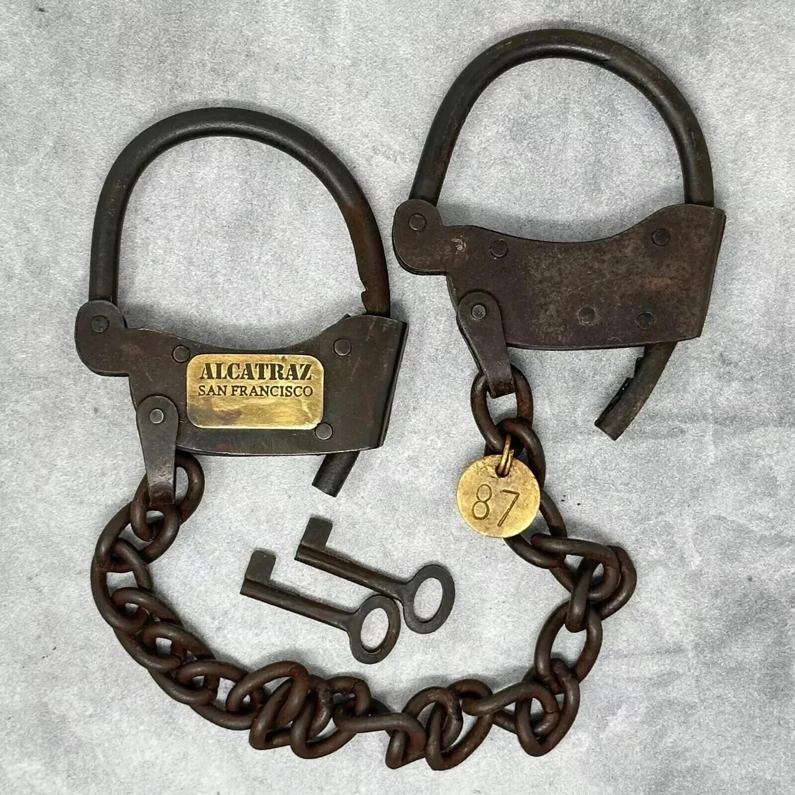 Old Handcuffs, Iron Adjustable Cuffs with Chain & Antique Alcatraz Prison Old Handcuffs, Iron Adjustable Cuffs with Chain & Antique Alcatraz Prison