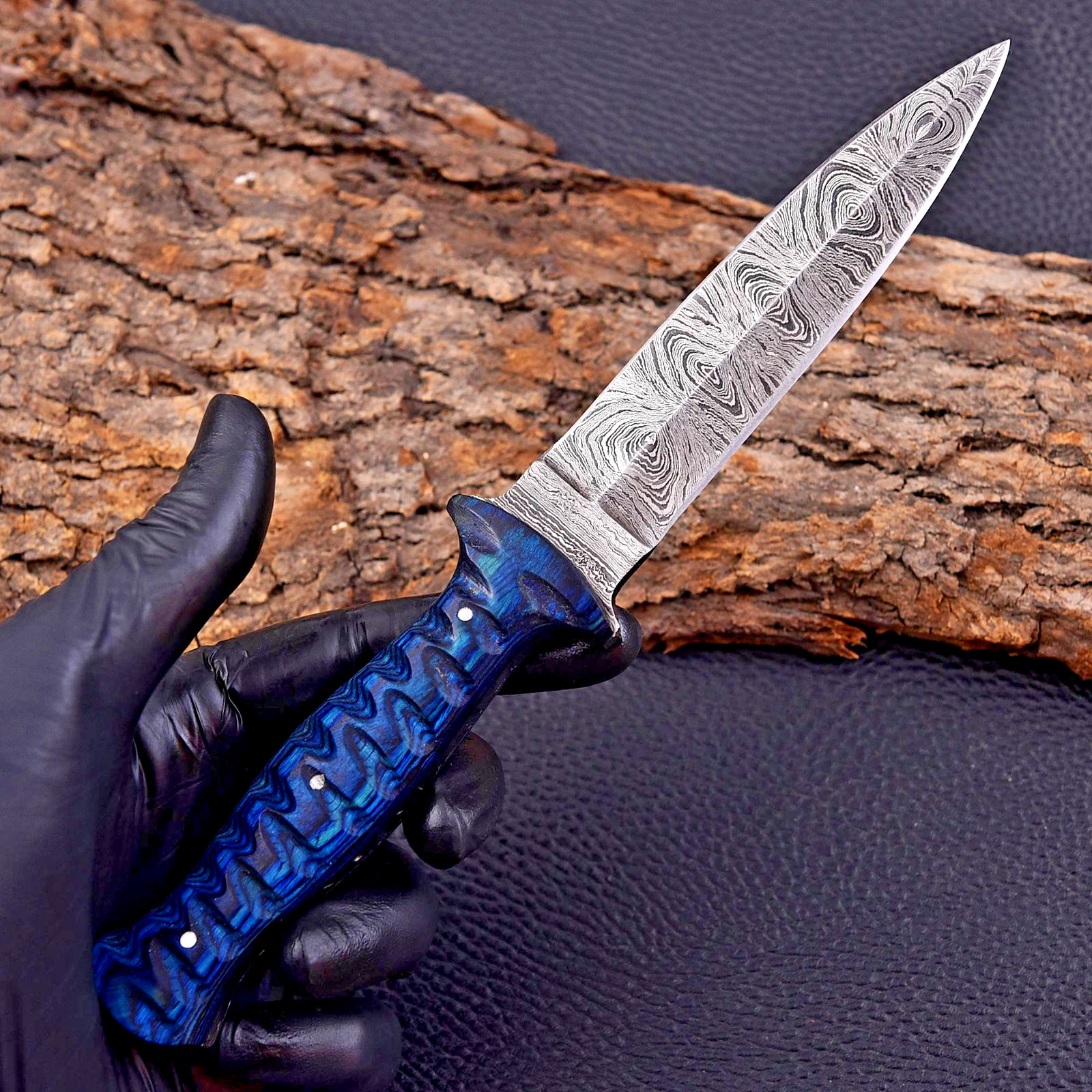 HAND FORGED DAMASCUS STEEL BLADE DAGGER HUNTING BOOT KNIFE WOOD HANDLE