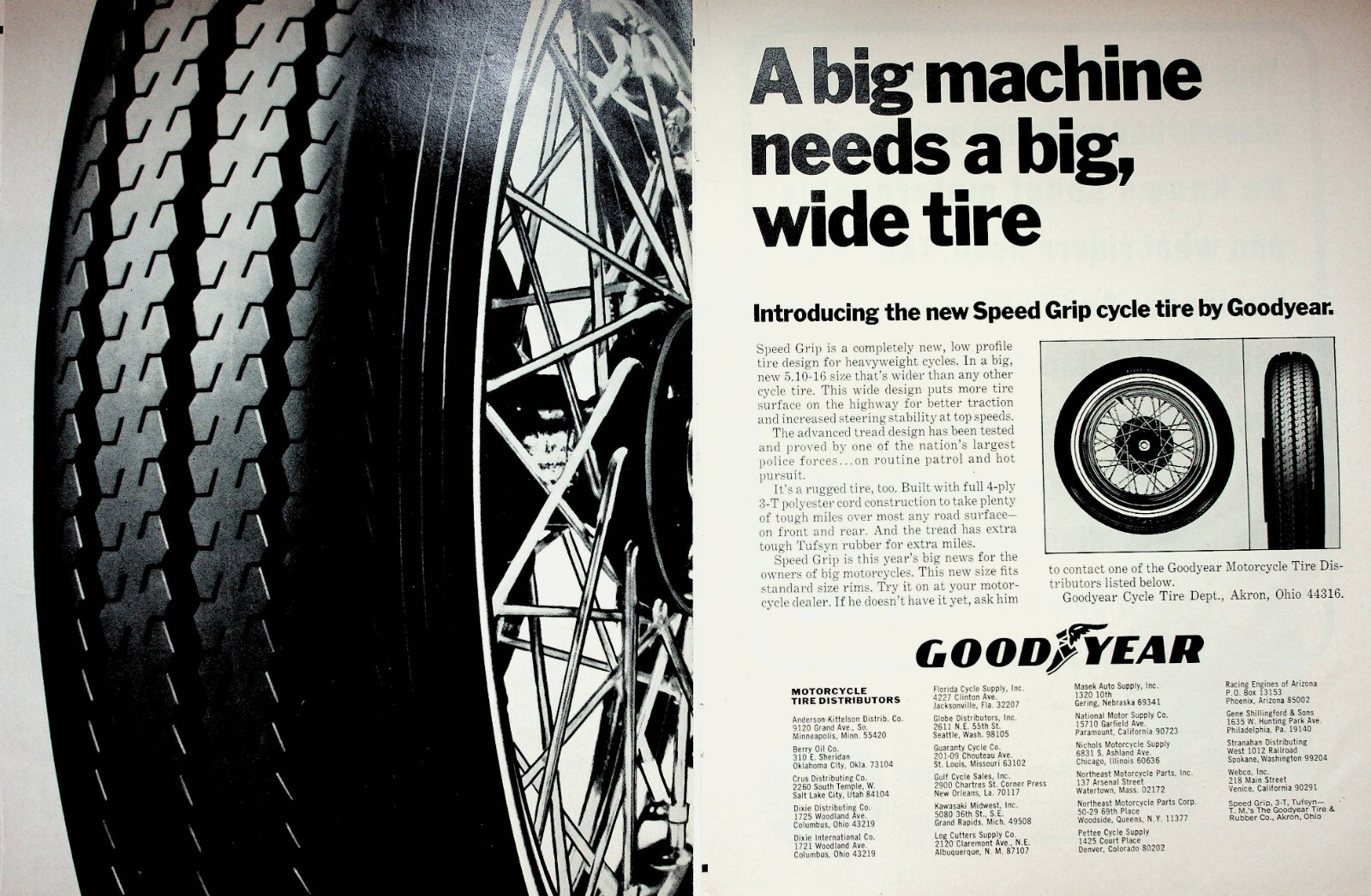 1968 Goodyear Speed Grip Big Wide Motorcycle Tires - 2-Page Vintage Ad