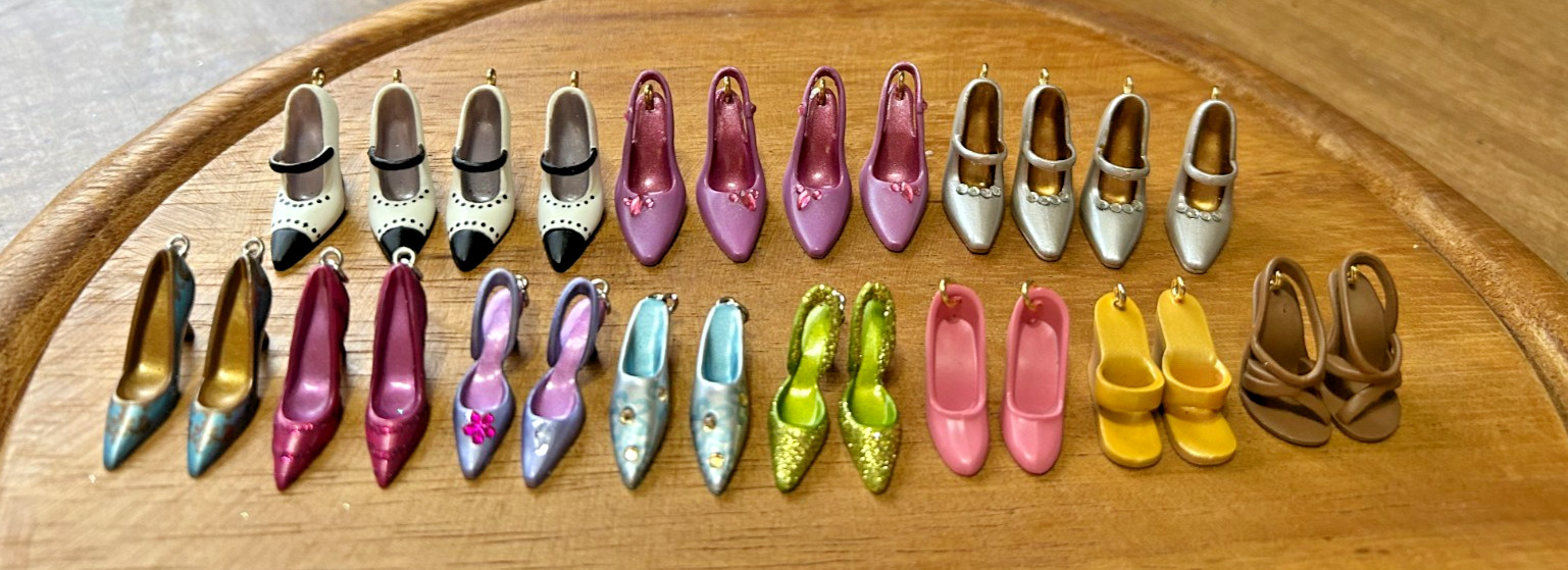 (14) PAIRS OF MINIATURE HIGH HEEL SHOE ORNAMENTS - HALLMARK & BARBIE - DOLLHOUSE