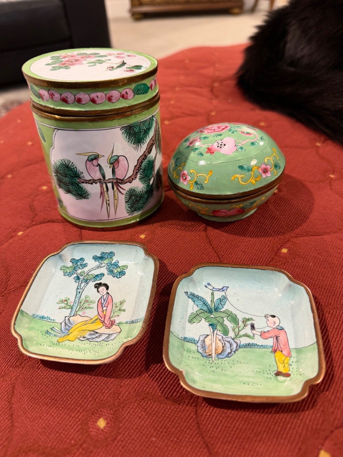 vintage Chinese enameled brass boxes ,trays lot. Birds and people vintage Chinese enameled brass boxes ,trays lot. Birds and people