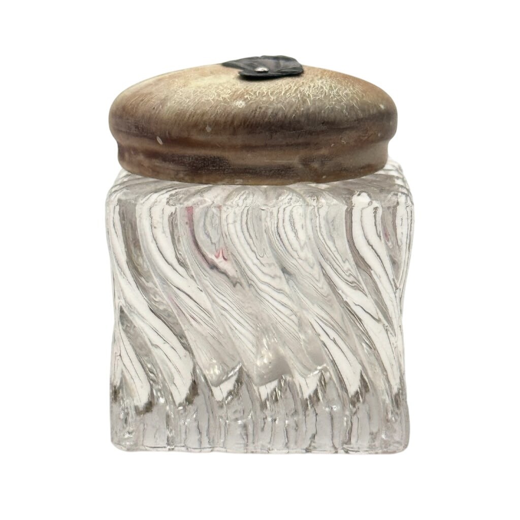 Vintage Crystal Glass Swirl Inkwell Square Body Figural Lid Chipped Underside Vintage Crystal Glass Swirl Inkwell Square Body Figural Lid Chipped Underside