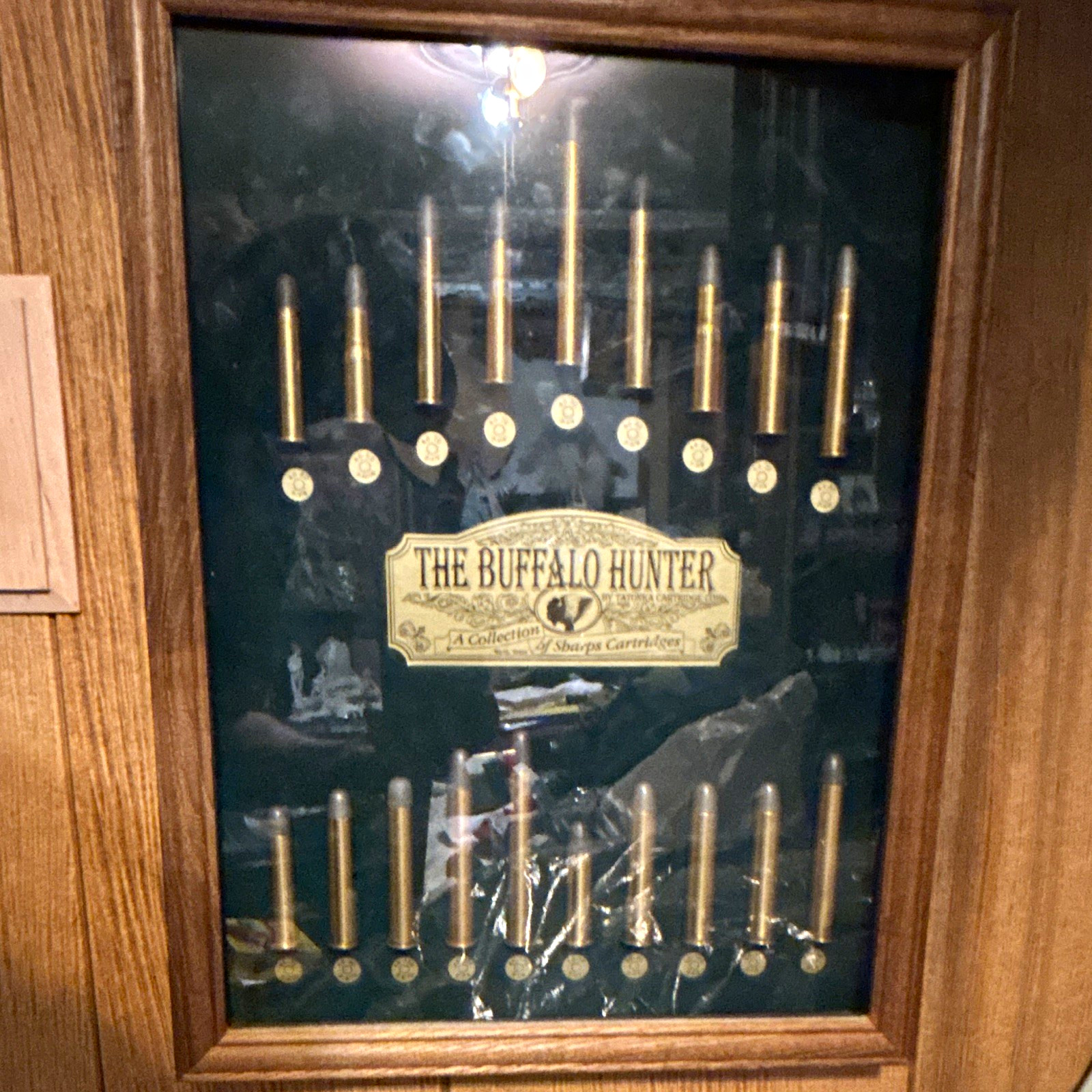 Sharps Cartridges “The Buffalo Hunter” Framed Advertising Sign Brown Black Gold