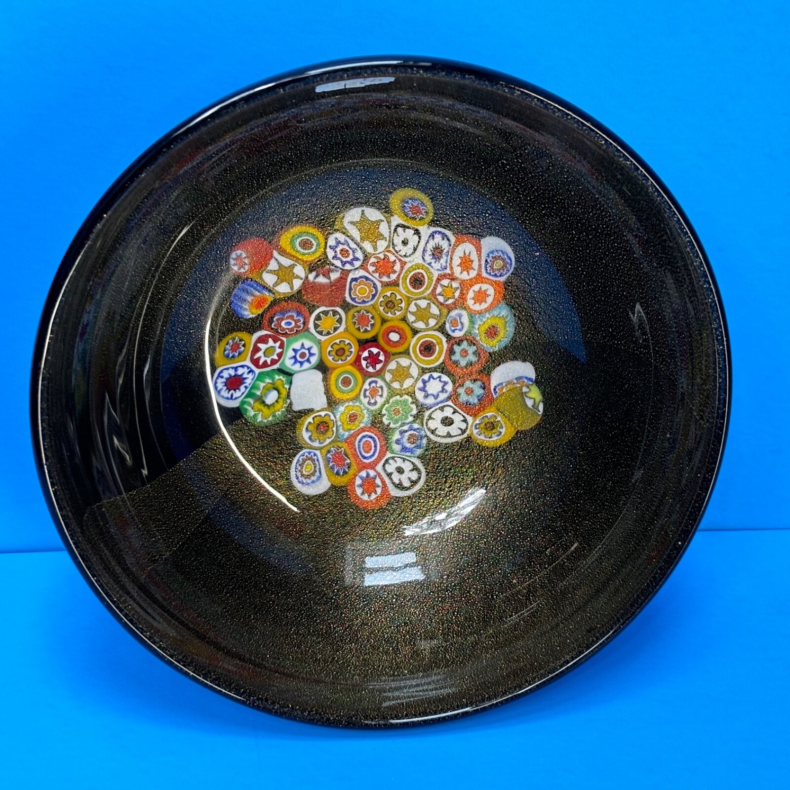 Signed Italian Gold Flecked Millefiori Murano Art Glass Bowl w/Label