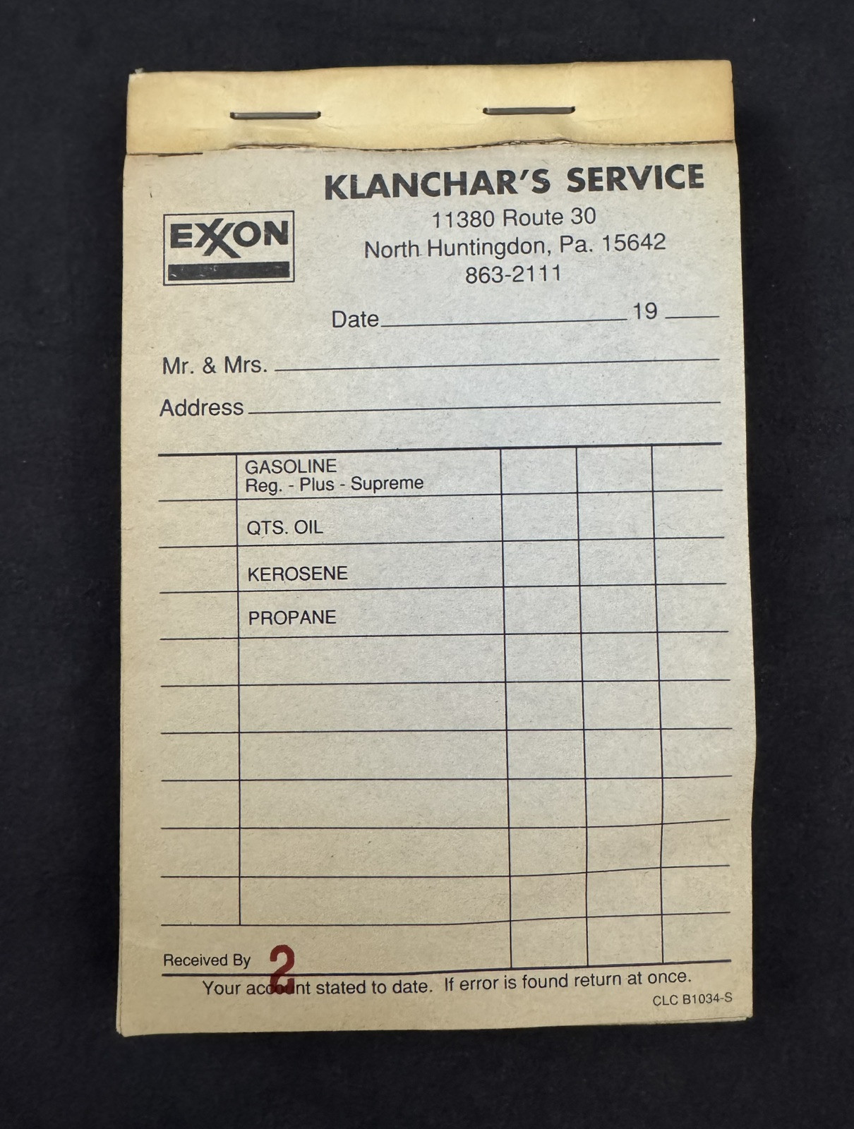 Vintage Exxon Klanchar's Service Station Receipt Book Notepad