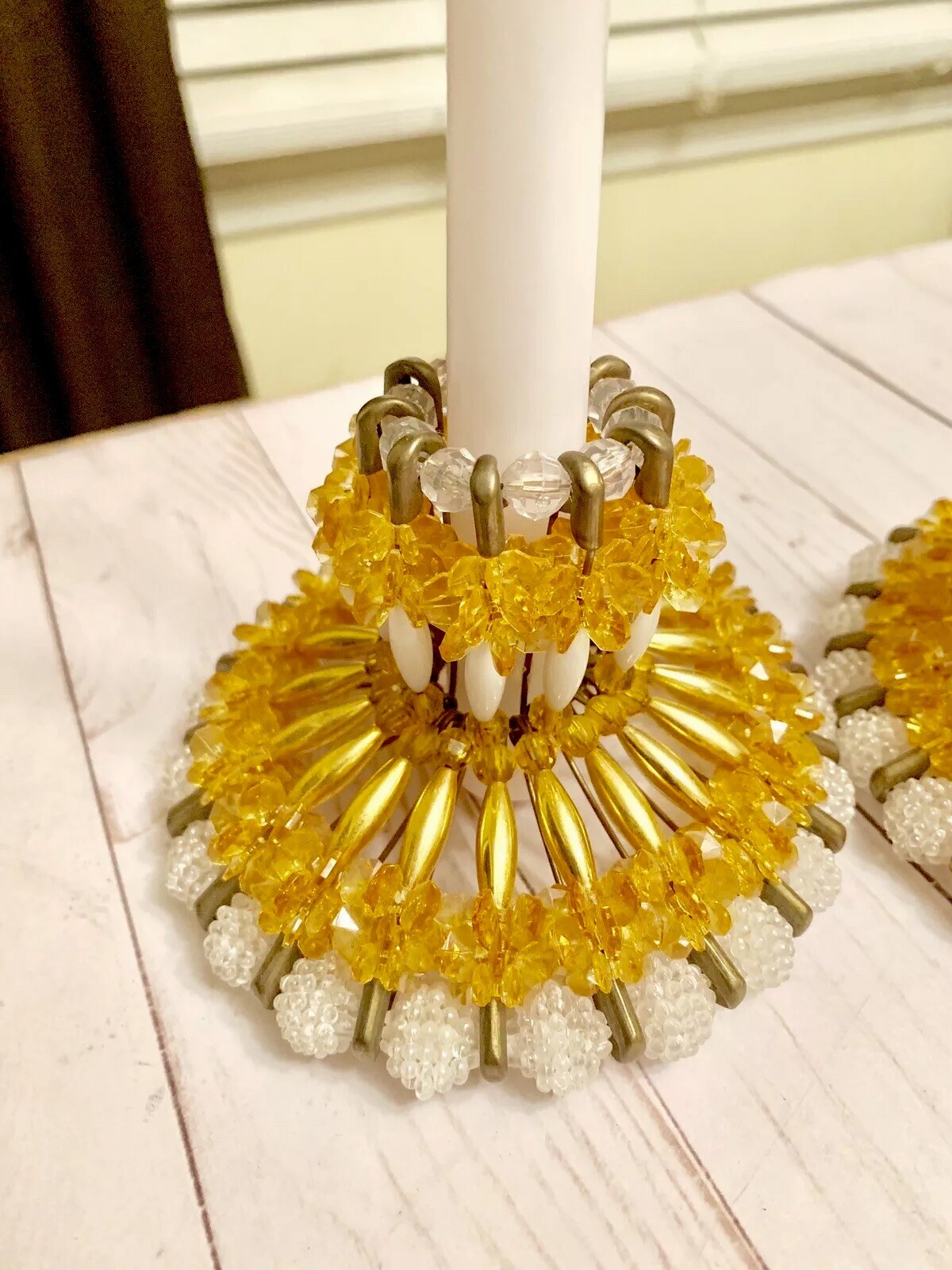 Pair of Beautiful Vintage Boho Beaded Gold and White Candle Stick Holders Pair of Beautiful Vintage Boho Beaded Gold and White Candle Stick Holders