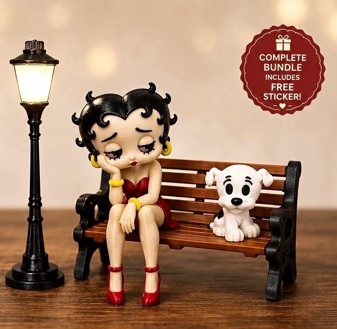 Betty Boop Park Bench Bundle Figurine Set w/ Dog & Street Lamp Twist to Turn On