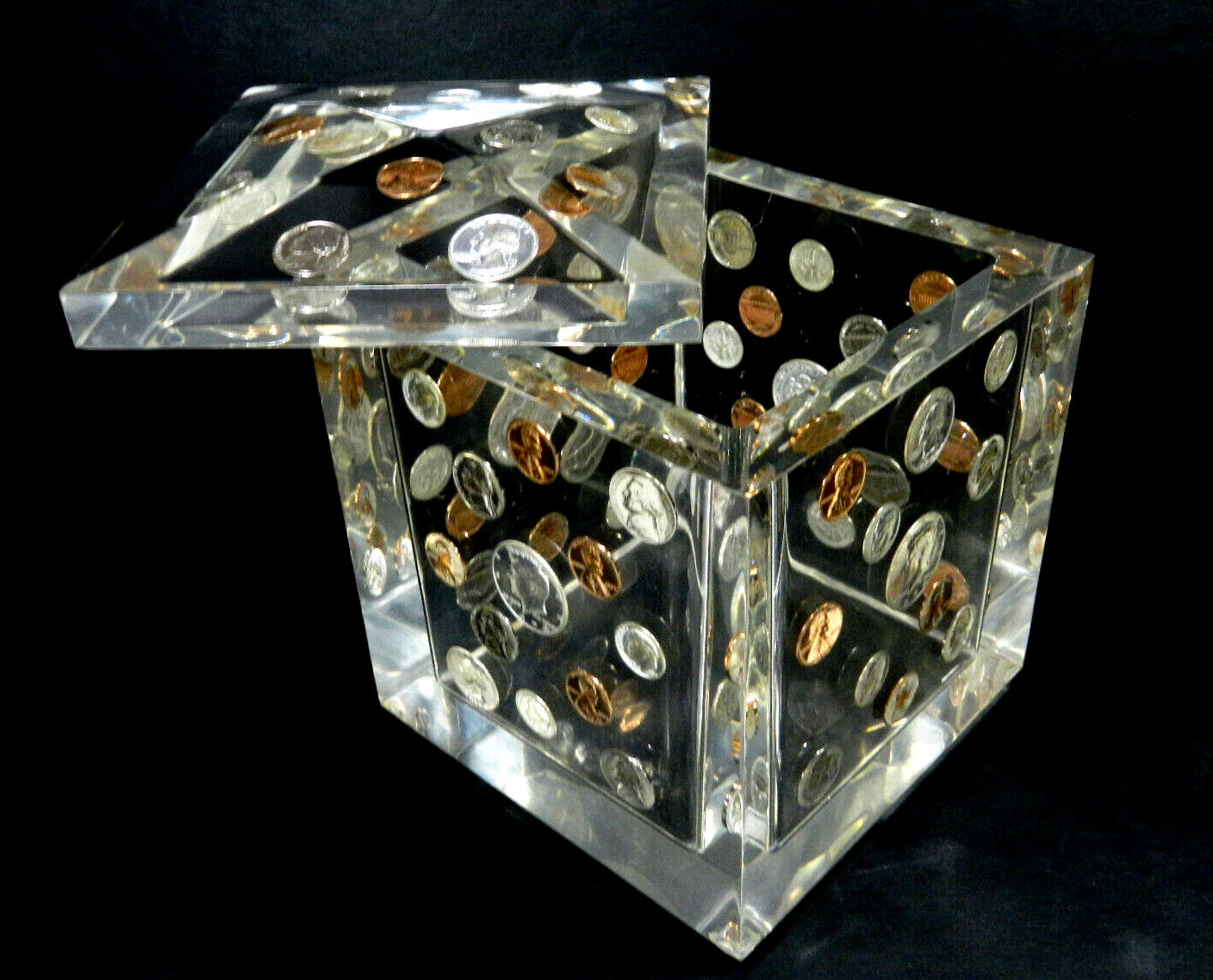 Vintage Mid-Century Lucite Ice Bucket with Embedded U.S. Rare Coins, circa 1975