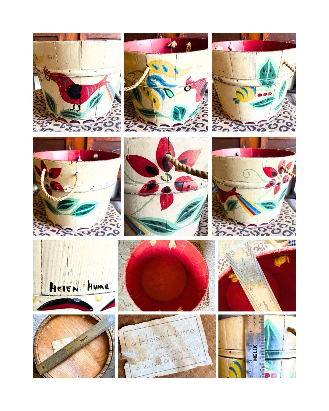 Folk Art Wooden Stave Bucket Hand Signed Vintage 1940s-50s Folk Art Wooden Stave Bucket Hand Signed Vintage 1940s-50s