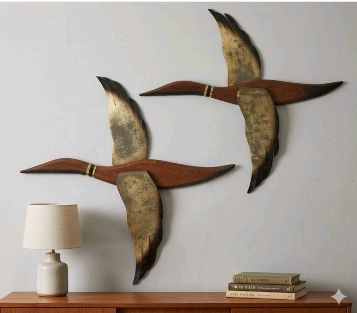 Vintage Stylecraft MCM Brass Teakwood Flying Geese Ducks Birds Decor 21” 60s
