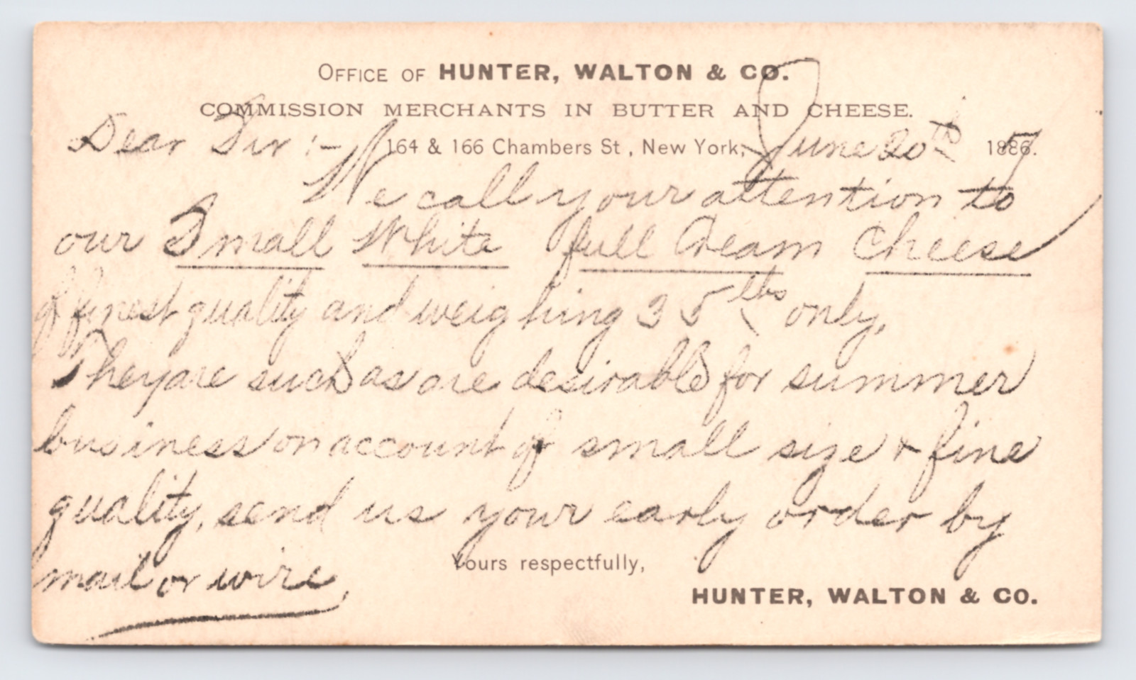 1887 Hunter Walton & Co Postal Card New York NY Butter & Cheese Merchants