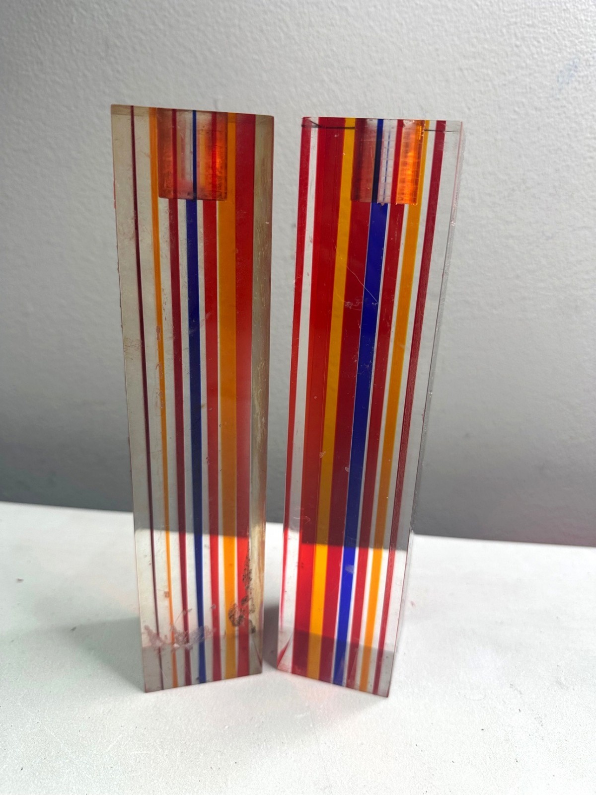 ETICUL Lucite Acrylic Striped Candle Holders Pair Red Blue Vintage Taiwan ETICUL Lucite Acrylic Striped Candle Holders Pair Red Blue Vintage Taiwan