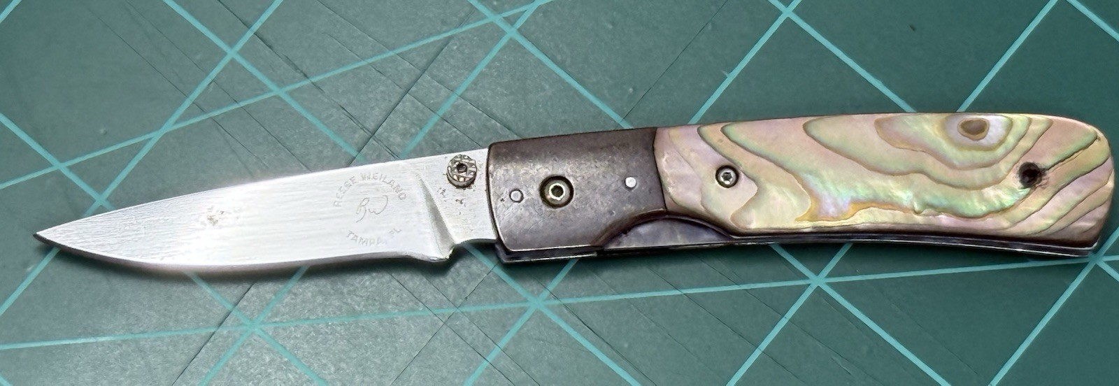 Reese Weiland Custom Folding Knife Abalone Shell Handle Tampa FL Collectible