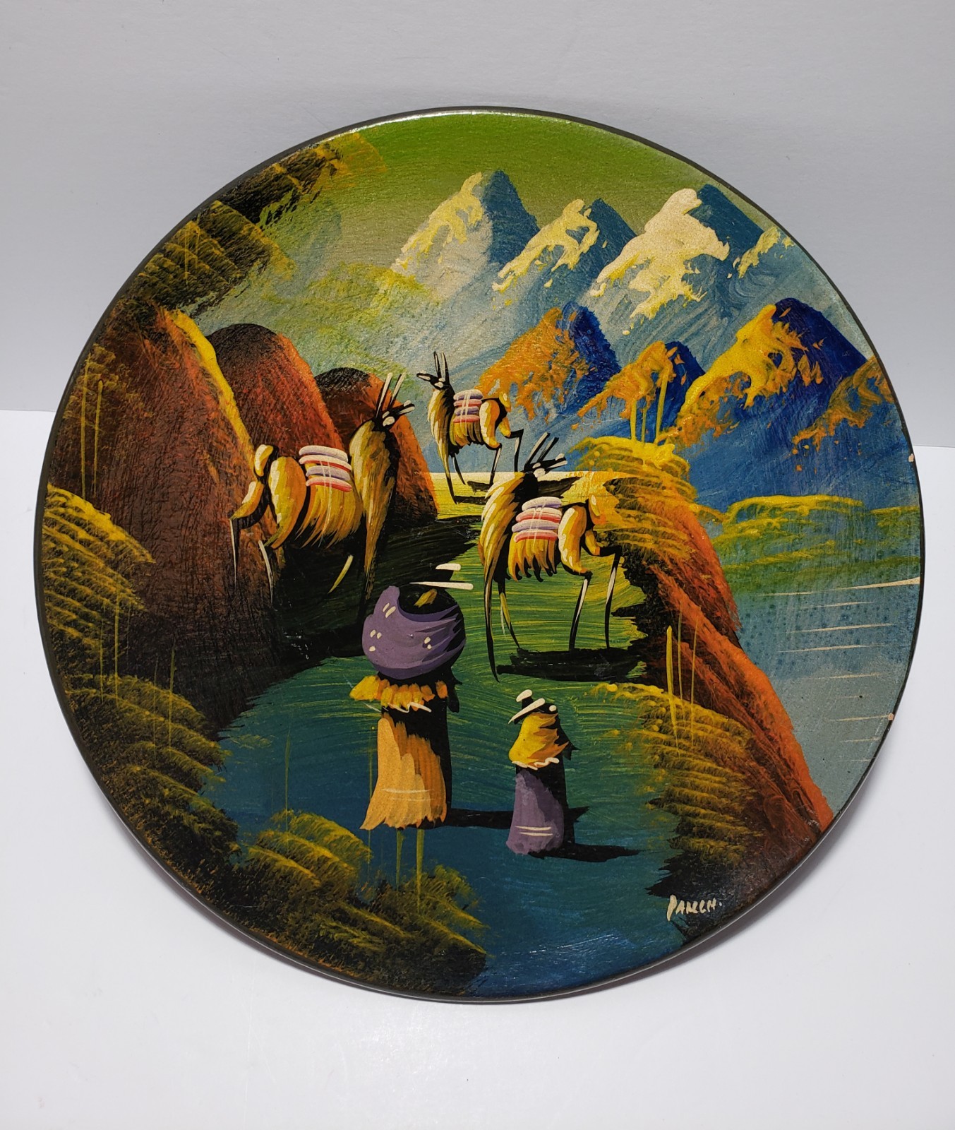Vintage Ecuadorian Folk Art Plate 10.25in Hand Painted Pottery