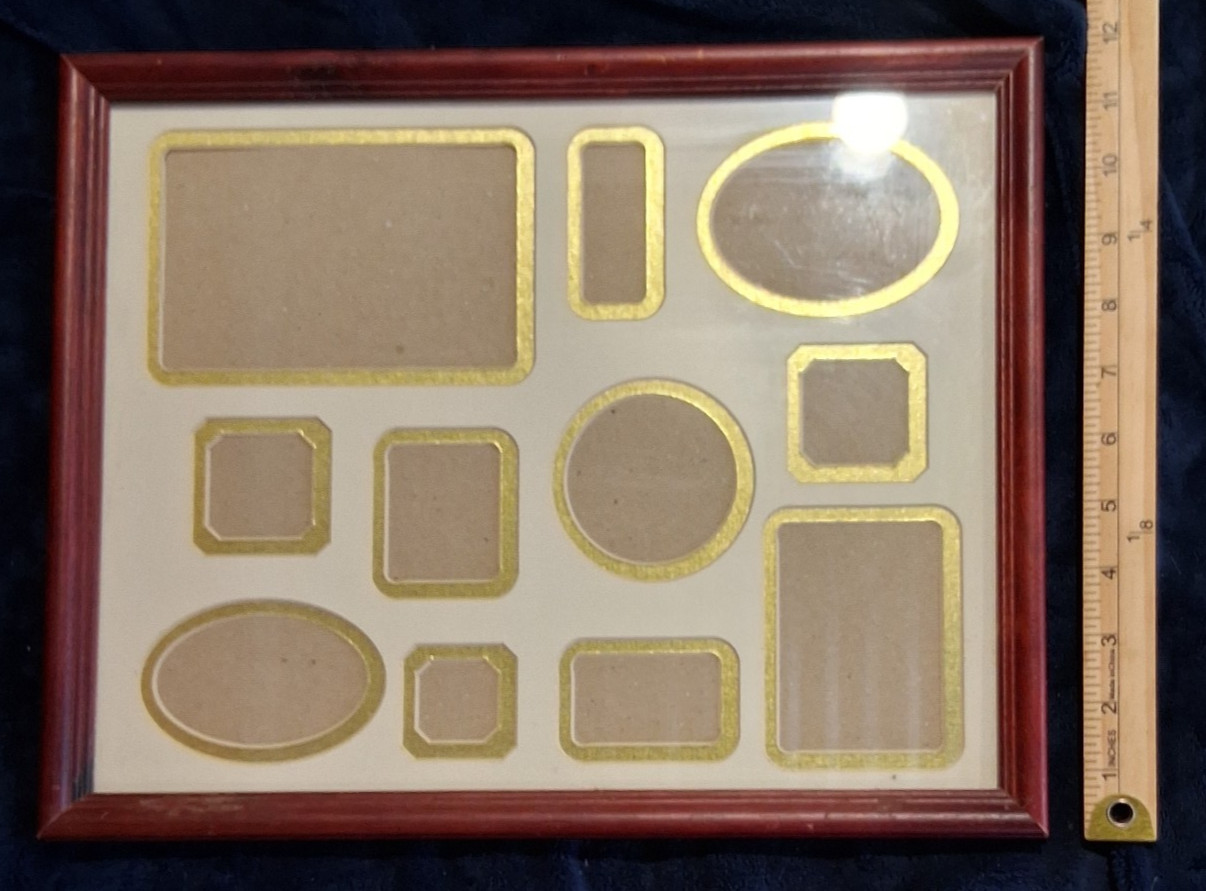 Vintage Cherry Wood Multi Photo Collage Frame Gold Foil Border 11 Cutouts Glass Vintage Cherry Wood Multi Photo Collage Frame Gold Foil Border 11 Cutouts Glass